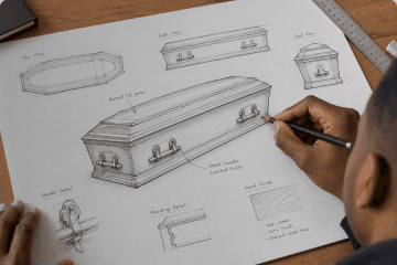 Designer sketching custom casket plans by hand