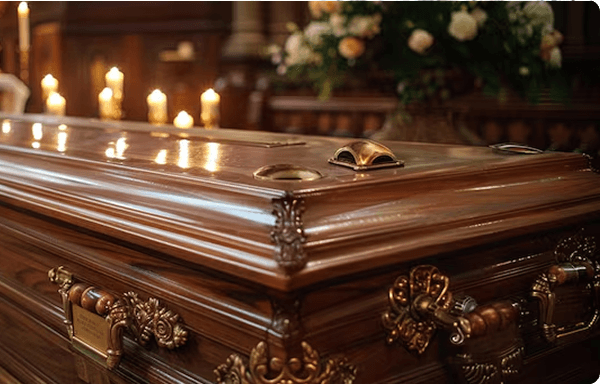 Polished wooden coffin with ornate brass handles beside lit candles